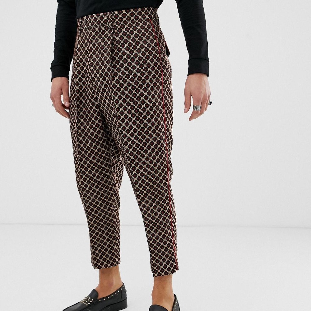 ASOS EDITION drop crotch tapered pants with geo in black and red
